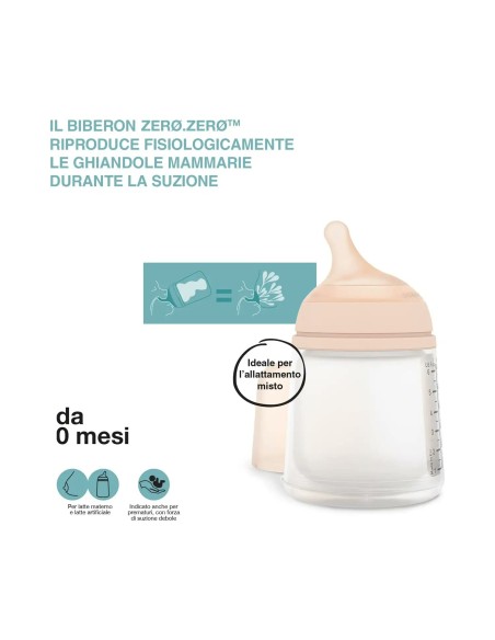 Suavinex - Biberon Zero.Zero 180ml con Tettarella in Silicone Anticolica Flusso Lento