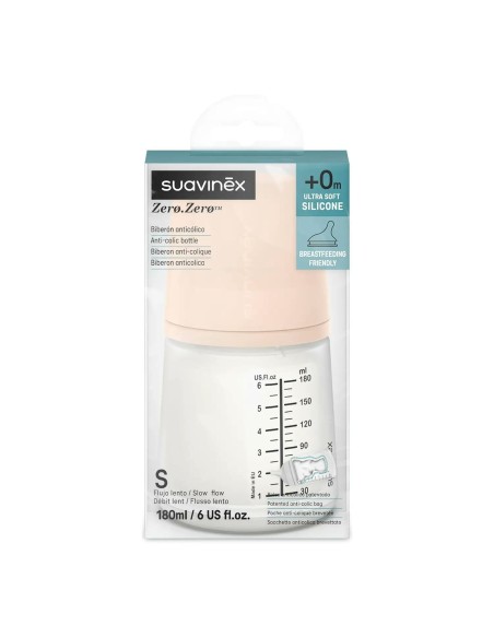 Suavinex - Biberon Zero.Zero 180ml con Tettarella in Silicone Anticolica Flusso Lento